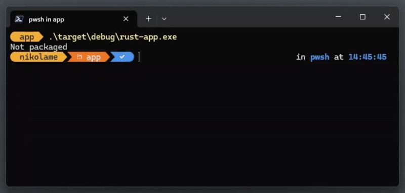 Video/gif of Winapp debug-identity adding package identity to exe.