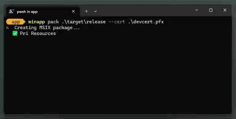 Video/gif of winapp package command packing folder in msix and signing the package.