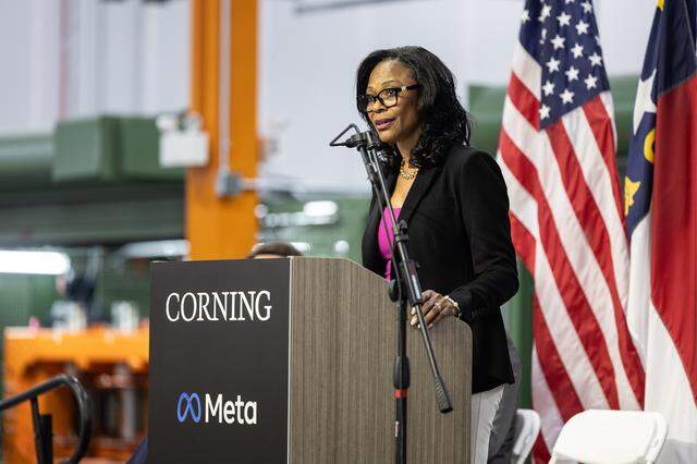 Annette Taylor, Deputy Secretary for Broadband and Digital Opportunity, NC Dept. of Information Technology, speaks during a groundbreaking ceremony for Corning Incorporated and Meta to mark a significant capacity expansion at Corning's optical cable manufacturing facility in Hickory, N.C., on Tuesday, March 31, 2026. 