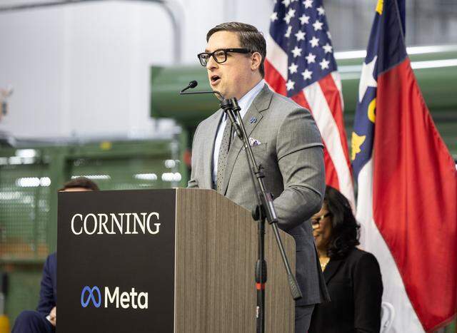 Dan Sachs, Vice President, Public Policy for Meta speaks during a groundbreaking ceremony for Corning Incorporated and Meta to mark a significant capacity expansion at Corning's optical cable manufacturing facility in Hickory, N.C., on Tuesday, March 31, 2026.