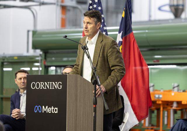 Scott Scott Millar, President, Catawba Co Economic Development Corp, speaks during a groundbreaking ceremony for Corning Incorporated and Meta to mark a significant capacity expansion at Corning's optical cable manufacturing facility in Hickory, N.C., on Tuesday, March 31, 2026. 