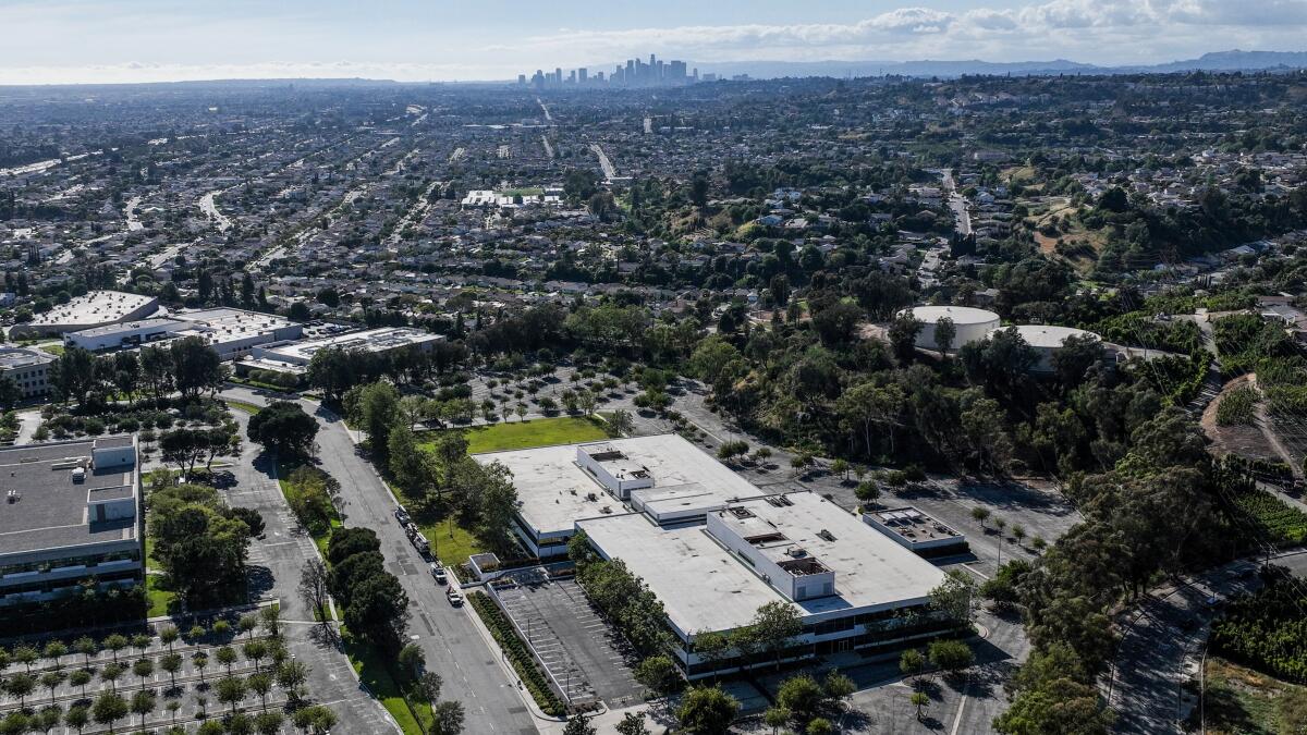 A bird's-eye view of a building with plans to convert it into a data center in Monterey Park, Calif.