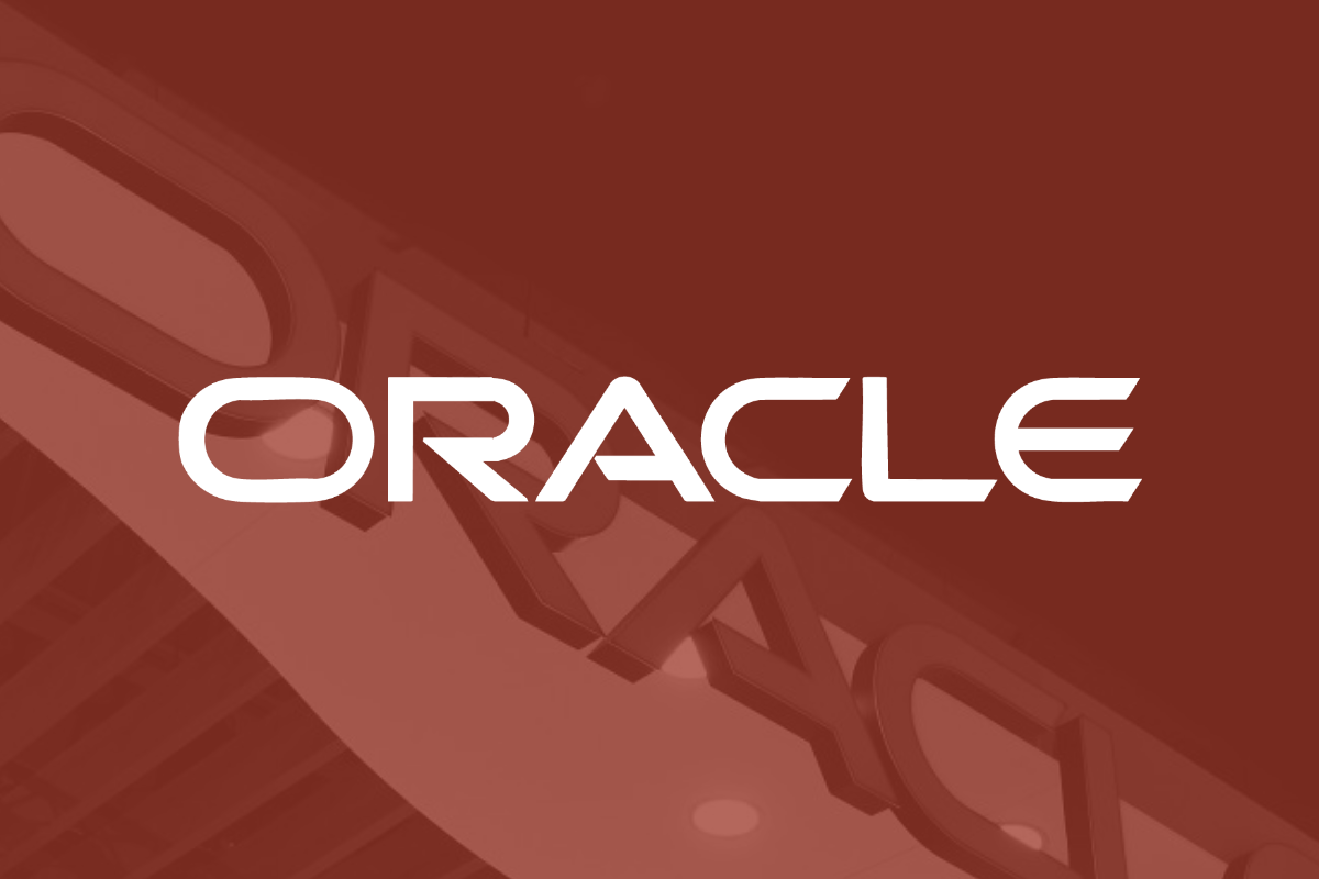 The Oracle logo on a red, shiny background.