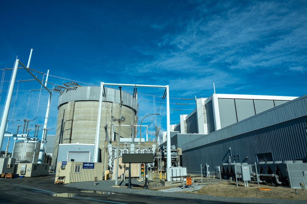 One of the two concrete containment vessels is seen at the Calvert Cliffs Clean Energy Center, Constellation's nuclear power plant in Lusby, Maryland.