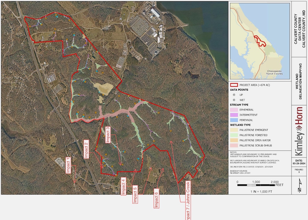 A map from a report from Kimley Horn, who was contracted to help get a data center approved by the Maryland Department of Natural Resources, shows the locations of the seven proposed data centers and their proximity to the Calvert Cliffs Nuclear Power Plant, recently renamed the Calvert Cliffs Energy Center.