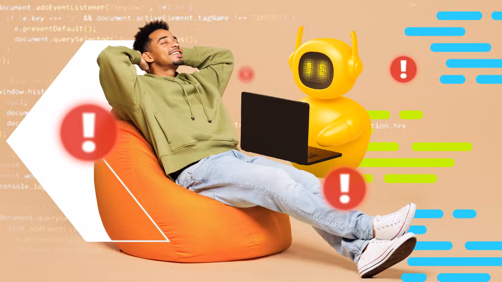 A relaxed man sitting on an orange bean bag watches as a friendly yellow robot serves him on a laptop, while dozens of red warning icons float around.